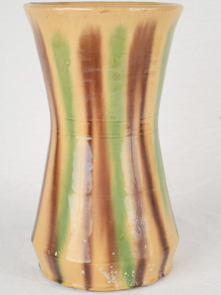 Very Large Antique Anduze Vase w/ Vertical Stripes - Yellow Brown Green 11½"