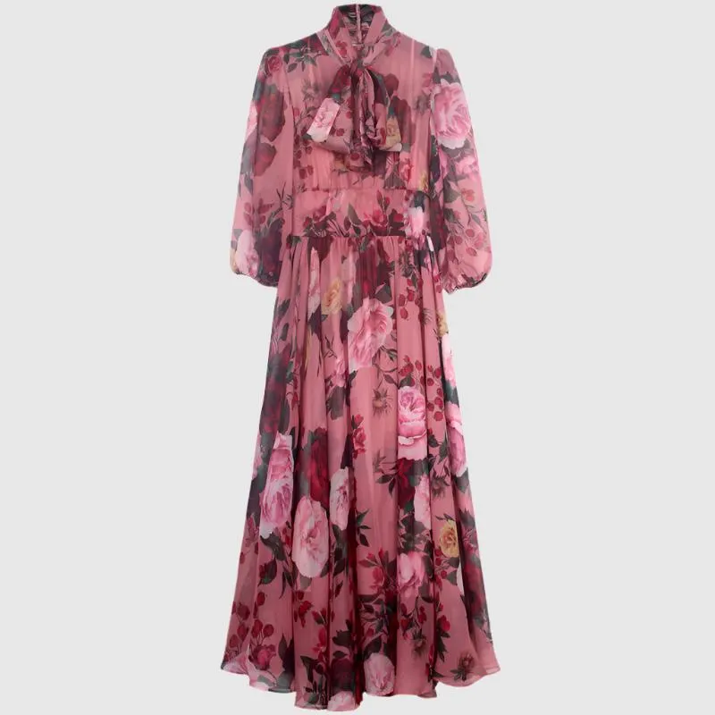 Women's Romantic Style Rose Print Large Swing Chiffon Dress