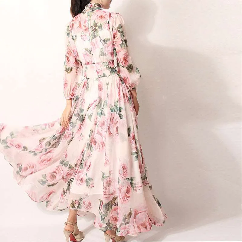 Women's Romantic Style Rose Print Large Swing Chiffon Dress