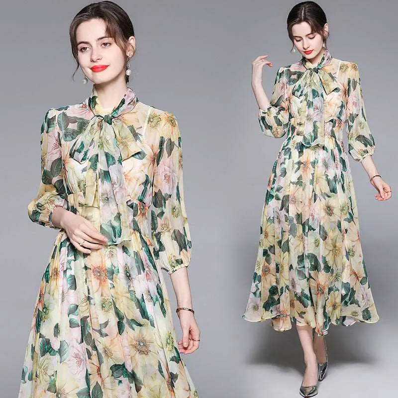 Women's Romantic Style Rose Print Large Swing Chiffon Dress