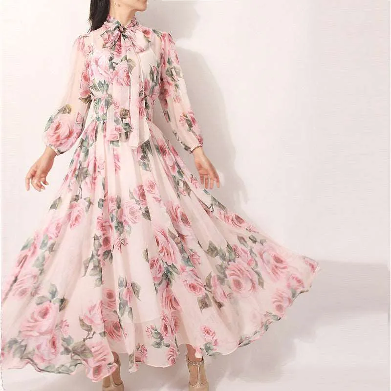 Women's Romantic Style Rose Print Large Swing Chiffon Dress