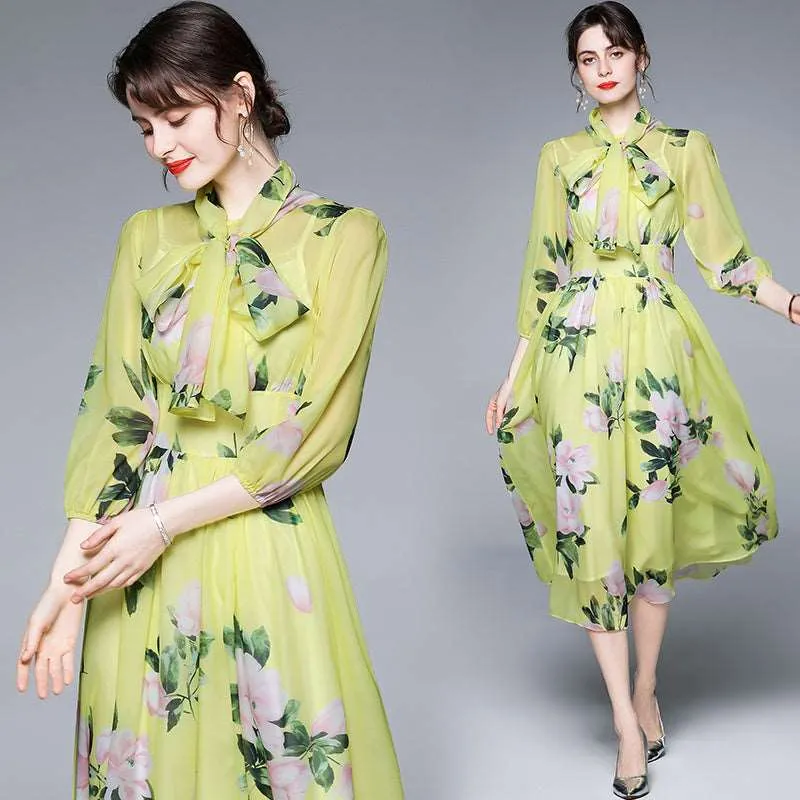 Women's Romantic Style Rose Print Large Swing Chiffon Dress