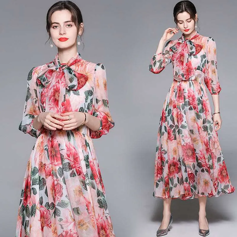 Women's Romantic Style Rose Print Large Swing Chiffon Dress