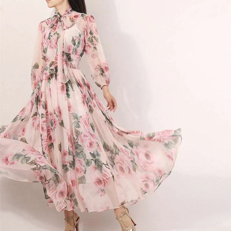 Women's Romantic Style Rose Print Large Swing Chiffon Dress